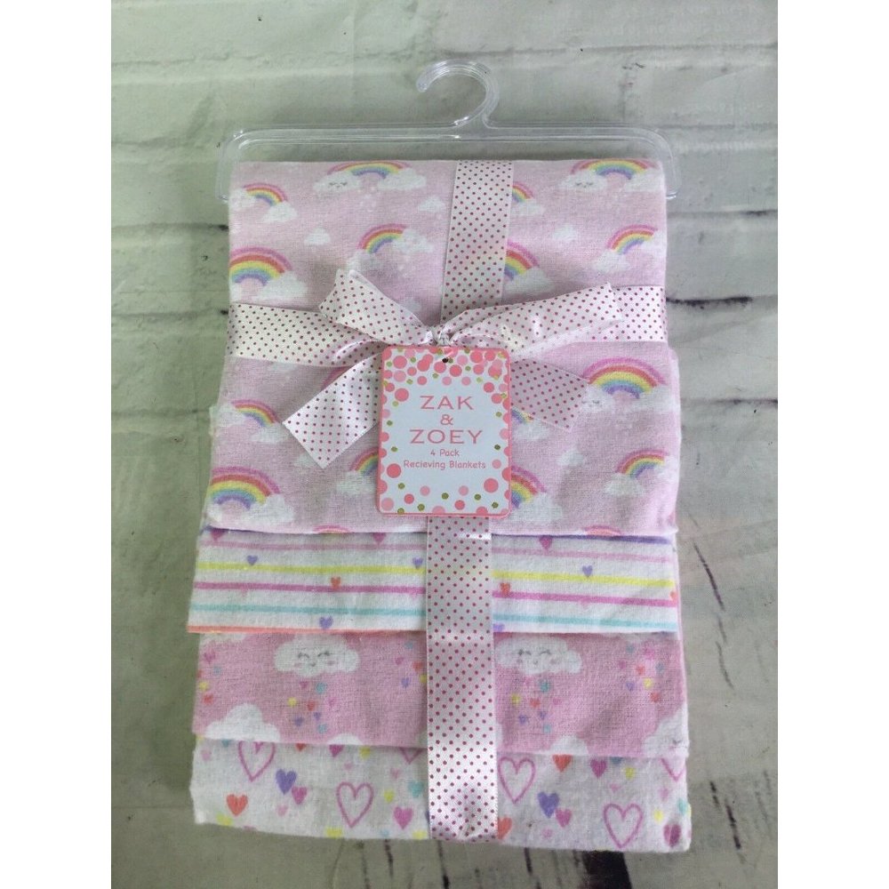 Zak and Zoey 4 Pack Receiving Baby Blankets Hearts Rainbows Stripes Pink White